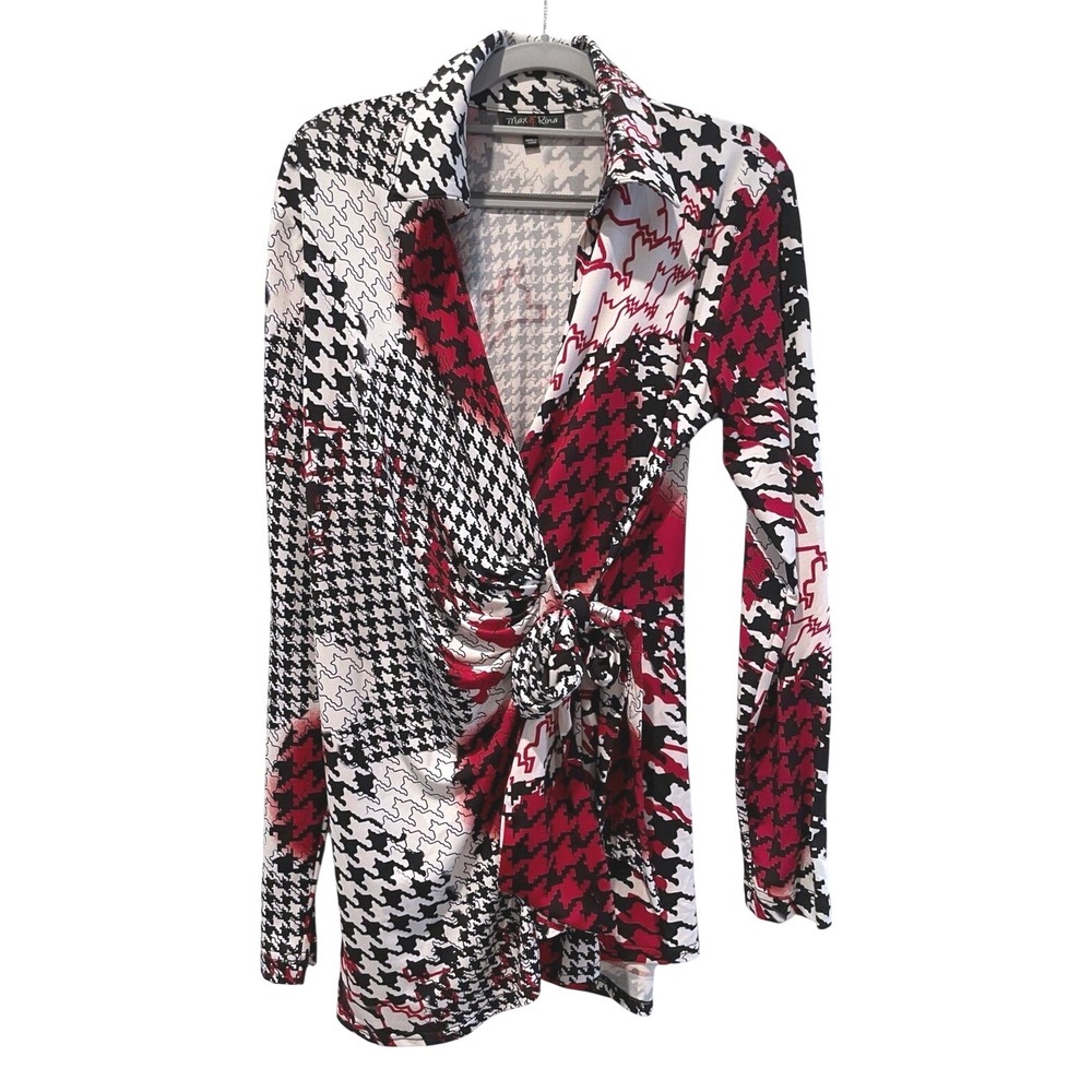 Max &‎ Rina Women's Wrap Top Long Sleeve Houndstooth Print Red Black White Small